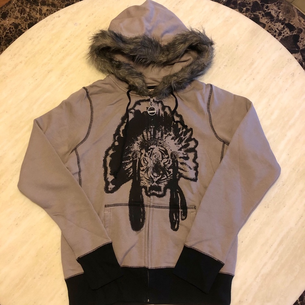 New Volcom Tiger Printed Fur Hooded Zip Up Jacket